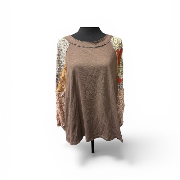easel Tops - Easel Boho Patchwork Top L Brown Floral Sleeve Mixed Print Casual Chic